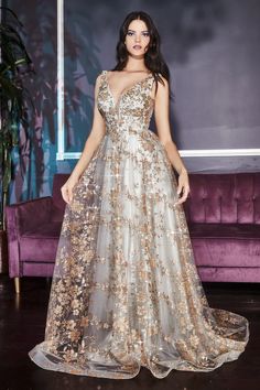 Glitter Print Ball Gown By Cinderella Divine -CB068 - MyFashion.com Floral Ball Gown, Cinderella Divine, Prom Long, Prom Ball Gown, Printed Gowns, Tulle Ball Gown, Glitter Print, Sequin Gown, Lace Print