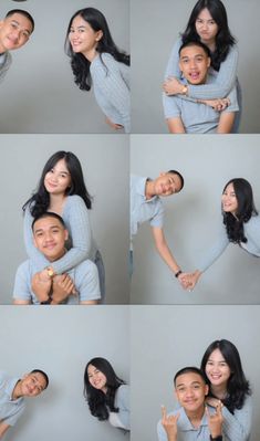 a man and woman posing for pictures with their hands on the back of each other