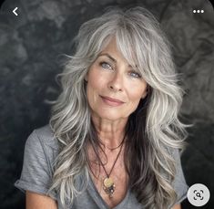 Long Hair With Many Layers, Long Grey Hair Styles For Women, Long Grey Hair With Layers, Side Part Shag Haircut With Bangs, Shag Grey Hairstyles, Gray Hair Over 50 Fifty Not Frumpy, Gray Hair Shag With Bangs, Long Hair Subtle Bangs, Long Shag Haircut Gray Hair