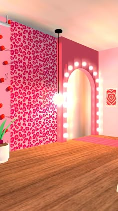 the room is decorated in pink and leopard print, with a mirror on the wall