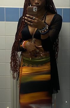 Earthy | boho I boho woman | boho black woman brown I gold | aesthetic | selfie | mirror selfie | locs I faux locs I headscarf I bronze | coffee I bohemian I long skirts maxi skirts | summer fit | waistbeads | summer fits | summer I boho summer | maxi skirt | halter top Aesthetic Selfie Mirror, Earthy Fashion, Y3k Aesthetic, Fits Summer