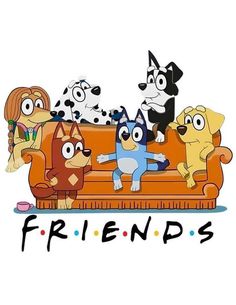 cartoon characters sitting on an orange couch with the word friends written below them in black and white