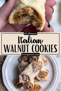 a person holding up a pastry in their hand with the words italian walnut cookies above it