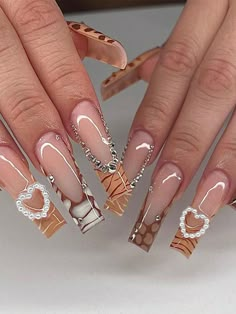 Multicolor  Collar    3D Nails Embellished   Nail,Hand & Foot Care Brown Acrylic Nails, Heart Nail, Easy Nails, Animal Print Nails