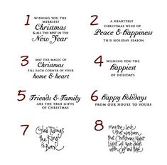 six christmas stamps with the words merry and happy holidays written in red ink on white paper