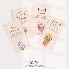 three cards with flowers on them and the words eid muhark