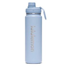 a light blue water bottle with the word men on it