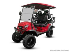 a red golf cart on a white background