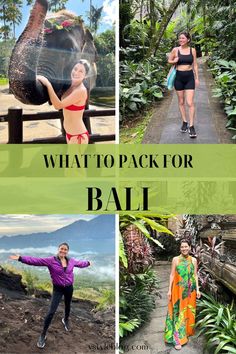 what to pack for bali with pictures of women in bikinis and tropical vegetation, including an elephant