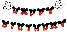 mickey mouse happy birthday banner on a white background with black and red paper cutouts