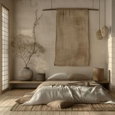 An interior view of a Japandi bedroom that embraces the wabi-sabi philosophy, featuring handcrafted accents such as a hand-thrown ceramic vase, a woven wall hanging, or a piece of driftwood, which add a sense of authenticity and charm to the space Mud House Bedroom, Functional Bedroom Design, Rustic Small Bedroom Ideas, Bedroom Wall Inspirations, Japanese Bedroom Interior, Zen House Decor, Japanese Bedrooms, Zen Style Interior, Peaceful Room