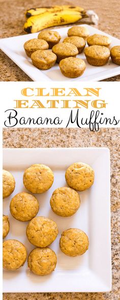 banana muffins on a white plate with bananas in the background and text overlay