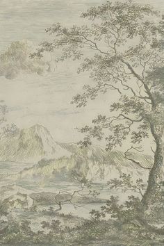 a drawing of a tree with mountains in the background