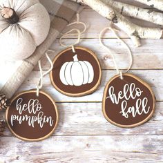 three wooden tags with the words hello pumpkin on them hanging from strings next to some pine cones