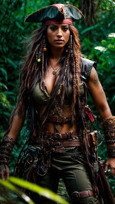 a woman with dreadlocks is standing in the woods wearing a pirate costume and headdress