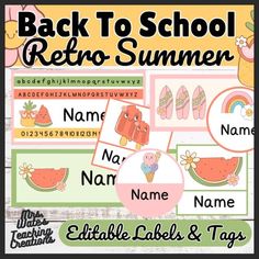 back to school retro summer name labels and tags