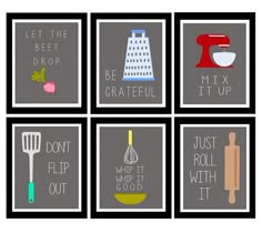 six kitchen art prints with words on them