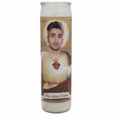 a candle with the image of jesus on it