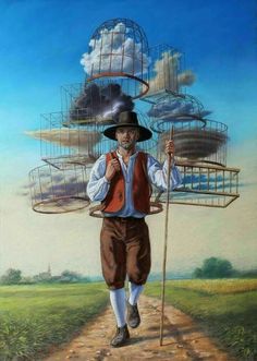 a painting of a man walking down a dirt road holding a birdcage on his head