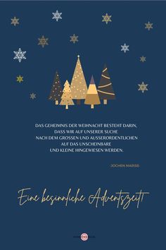 a blue christmas card with trees and snowflakes on the bottom, in gold lettering