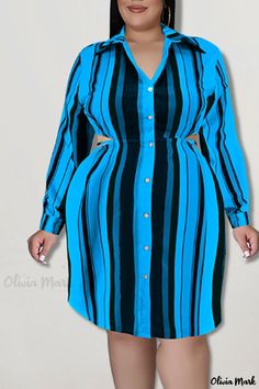 Olivia Mark - Patchwork Buckle Shirt Dress for Women with Turndown Collar and Striped Print in Plus Size Shirt Dress Plus Size, Plus Size Shirt Dress, Royal Blue Shirts, Collar Shirt Dress, Button Shirt Dress, Collared Shirt Dress, Dress Sleeve Styles, Blue Shirt Dress, Striped Shirt Dress