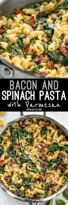 bacon and spinach pasta in a skillet