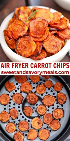 air fryer carrot chips in the process of being cooked and then served on an air fryer