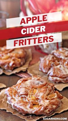 apple cider fritters with cinnamon glaze on top and the title overlay