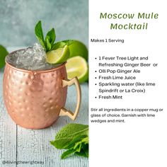 a moscow mule cocktail with limes and mint on the side, in a copper mug