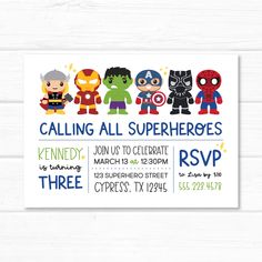 YOU WILL GET• Avengers Invitation and back design (5x7" JPG hi-res) with your favorite super heroes: Iron Man, Hulk, Captain America, Spider Man and more! • Leave the party information on the note's order during the checkout process and I will make the editing for you. Don't forget to include your email address. ORDERING DETAILS • Professional printed service available, just select on the second drop-down menu the quantity of your choice. This option will include: White envelopes, Double sided p Super Hero 3rd Birthday, Marvel Themed Birthday Party, Avengers Invitation, Avengers Birthday Party, Spiderman Invitation, Marvel Birthday Party, Superhero Birthday Invitations, Superhero Invitations, Avenger Birthday Party