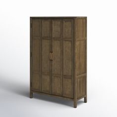 a tall wooden cabinet with two doors on one side and three drawers on the other