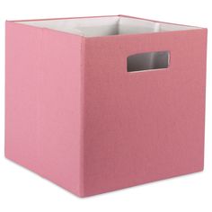 a pink storage box with a silver handle