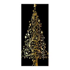 a gold christmas tree with stars and swirls on the top, against a black background