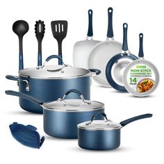 pots and pans with blue handles are shown