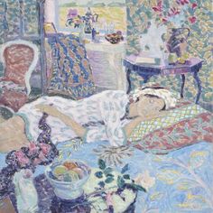 a painting of a woman laying in bed with flowers on the table and vases next to her