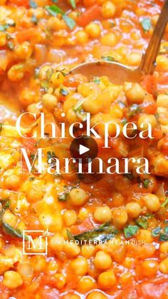 chickpea marinara in a pan with a spoon