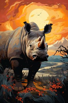 a painting of a rhinoceros in front of a sunset with mountains and trees