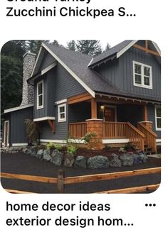 a blue house with white trim and wood accents on the front porch is featured in this postcard