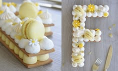 the cake is made to look like it has letters f and flowers on it, along with other desserts