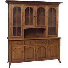 a wooden china cabinet with glass doors on the front and side panels, in an oak finish