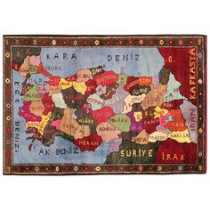 a map of the world is shown on a rug with many different colors and sizes