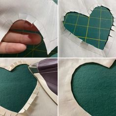 four pictures showing how to make a heart shaped pillow with green felt and white construction paper