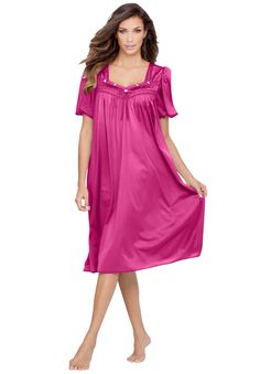 This feminine nightgown is soft and comfy with a sweeping silhouette made from a cling-free knit. Flutter sleeves and a sweetheart neckline adorned with lace, rosettes and a bow will make you feel like a princess. And with a lightweight, silky smooth fabric, you'll sleep like a princess too. 44" lengthNylon, importedMachine washableCustomers also love our longer length! Click here to shop.Customers also love our shorter length! Click here to shop. | Plus Size Women's Short Silky Lace-Trim Gown b Feminine Nightgown, One Piece Clothing, Summer Inspo, One Piece Pajamas, Swimsuits For All, Plus Size Shorts, A Princess, Flutter Sleeves, Pajamas Women