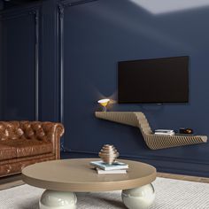 a living room with leather couches and a flat screen tv mounted on the wall