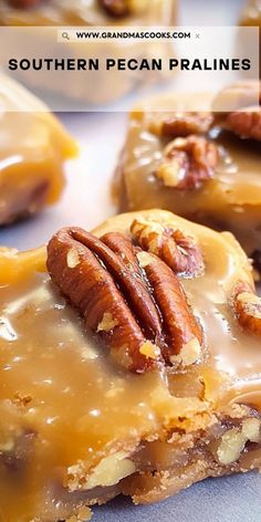 some pecan pralies are sitting on top of each other with the words southern pecan pralies above them