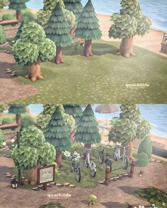 there are two pictures of trees and bicycles in the same area, one is empty