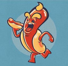 an illustration of a hot dog running with its mouth open