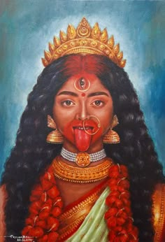 an oil painting of a woman with her tongue out and wearing a crown on her head