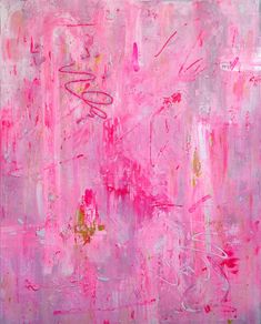 an abstract painting with pink and yellow paint on it's surface, including lines