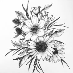 black and white drawing of flowers in a vase